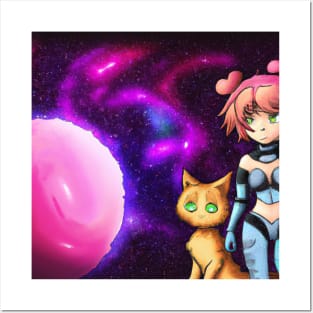 Anime Girl and Cat in Space Posters and Art